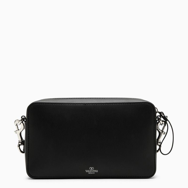 Contrasting VLTN Logo Black Leather Shoulder Handbag for Men