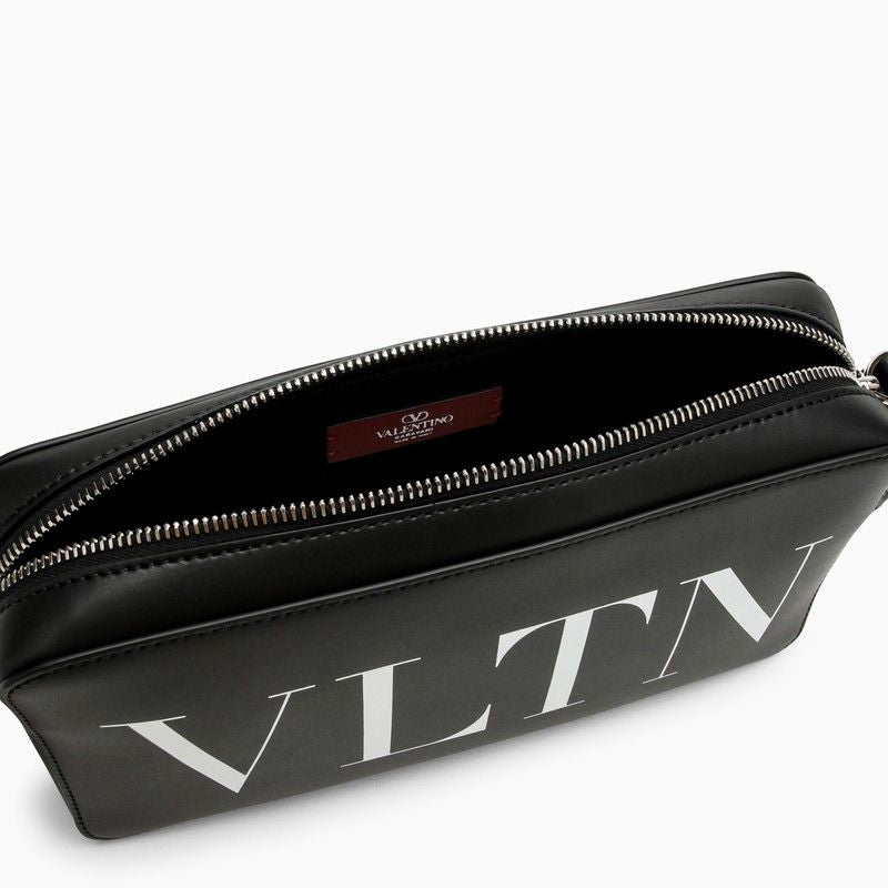 Contrasting VLTN Logo Black Leather Shoulder Handbag for Men