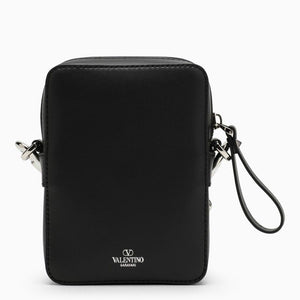 VALENTINO GARAVANI Mini Black Leather Crossbody Messenger Bag for Men with Silver-Tone Hardware & Removable Strap