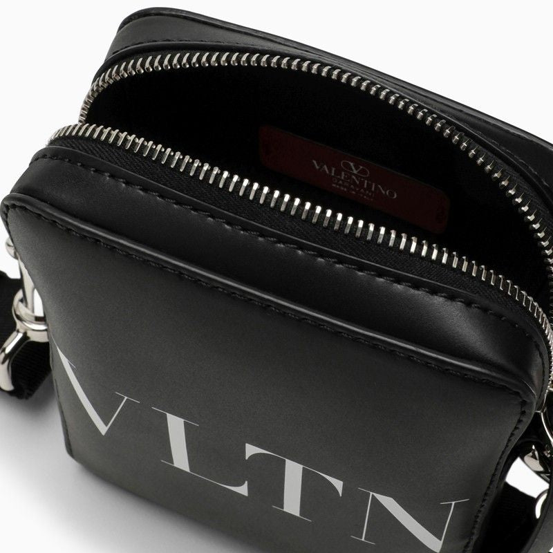 VALENTINO GARAVANI Mini Black Leather Crossbody Messenger Bag for Men with Silver-Tone Hardware & Removable Strap