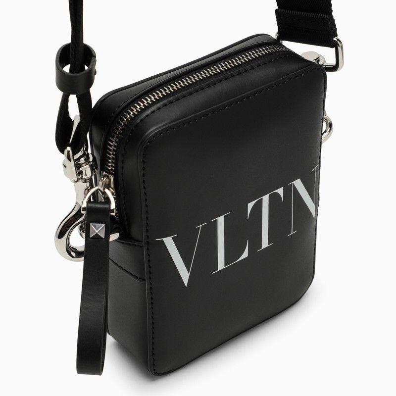 VALENTINO GARAVANI Mini Black Leather Crossbody Messenger Bag for Men with Silver-Tone Hardware & Removable Strap