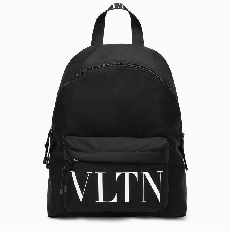 Balo Nam Đen VLTN Thương Hiệu SS24 - Vải Nylon In Logo Toàn Bộ và Túi Phía Trước