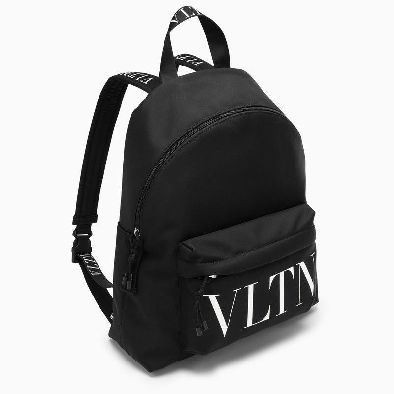 Balo Nam Đen VLTN Thương Hiệu SS24 - Vải Nylon In Logo Toàn Bộ và Túi Phía Trước