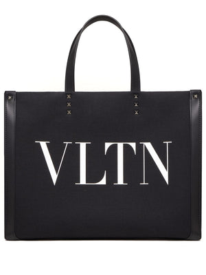 VALENTINO GARAVANI VLTN Medium Black Leather & Canvas Tote with Rockstud Trim for Men