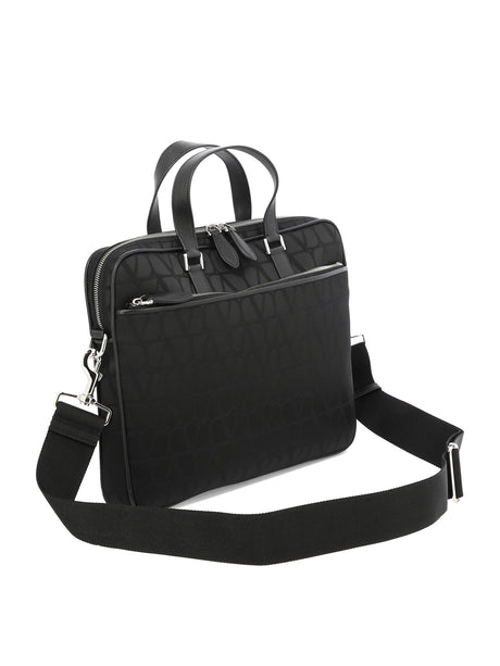 VALENTINO GARAVANI Men's Black Technical Fabric Briefcase with Calfskin Leather Details and Palladium-Finish Hardware