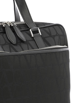 VALENTINO GARAVANI Men's Black Technical Fabric Briefcase with Calfskin Leather Details and Palladium-Finish Hardware