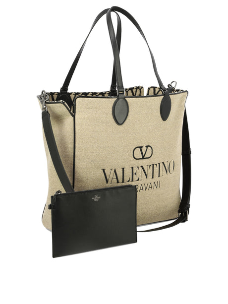 VALENTINO GARAVANI Men's SS24 Reversible Shopping Handbag in Beige with Leather Pouch and Shoulder Strap