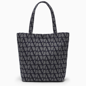 Blue Denim Tote Bag with Iconographic Pattern