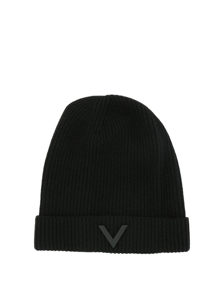 VALENTINO GARAVANI Classic Black Ribbed Beanie with Metal V Application for Men