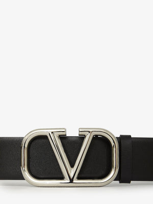 VALENTINO GARAVANI Modern Men's Black Leather Belt with Signature Silver-Tone Buckle