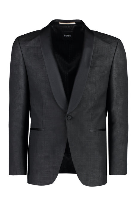 BOSS Men's Single-Breasted Black Wool Jacket with Satin Lapel Collar and Double Back Slit