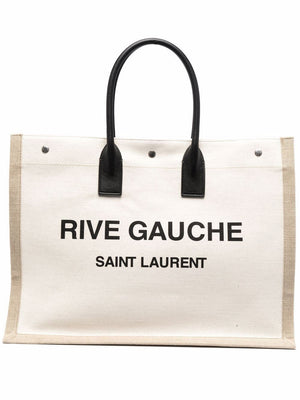 SAINT LAURENT Beige Canvas Tote Handbag for Women - Rigid Handles, Rive Gauche Print, Snap Closure, Expandable and Stylish