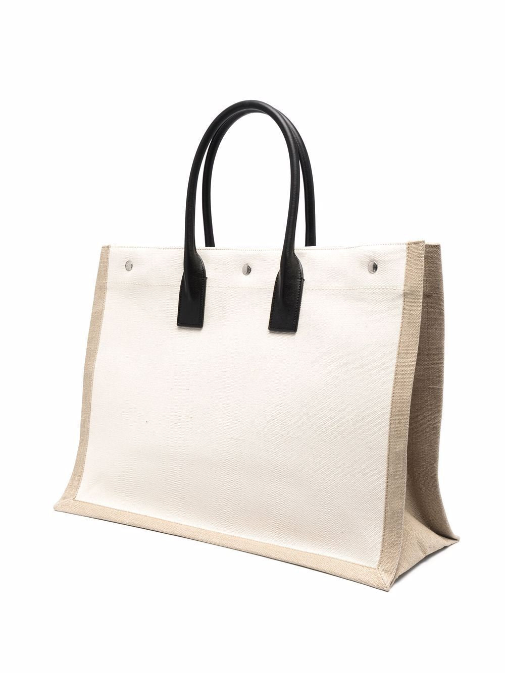 SAINT LAURENT Beige Canvas Tote Handbag for Women - Rigid Handles, Rive Gauche Print, Snap Closure, Expandable and Stylish