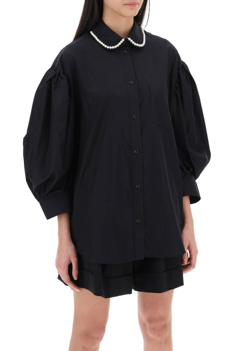قميص أكمام منفوخة مطرز للنساء - قطن بوبلين بلون أسود وقصة واسعة