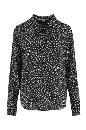 STELLA MCCARTNEY Black Printed Silk Shirt with Mandarin Collar and Asymmetric Hem for Women