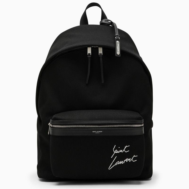 Black City Backpack with Embroidered and Leather Trim - Men's Fashion Item