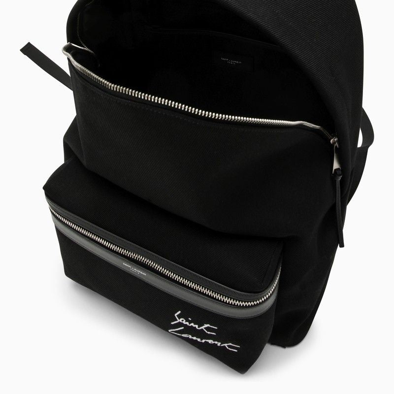 Black City Backpack with Embroidered and Leather Trim - Men's Fashion Item