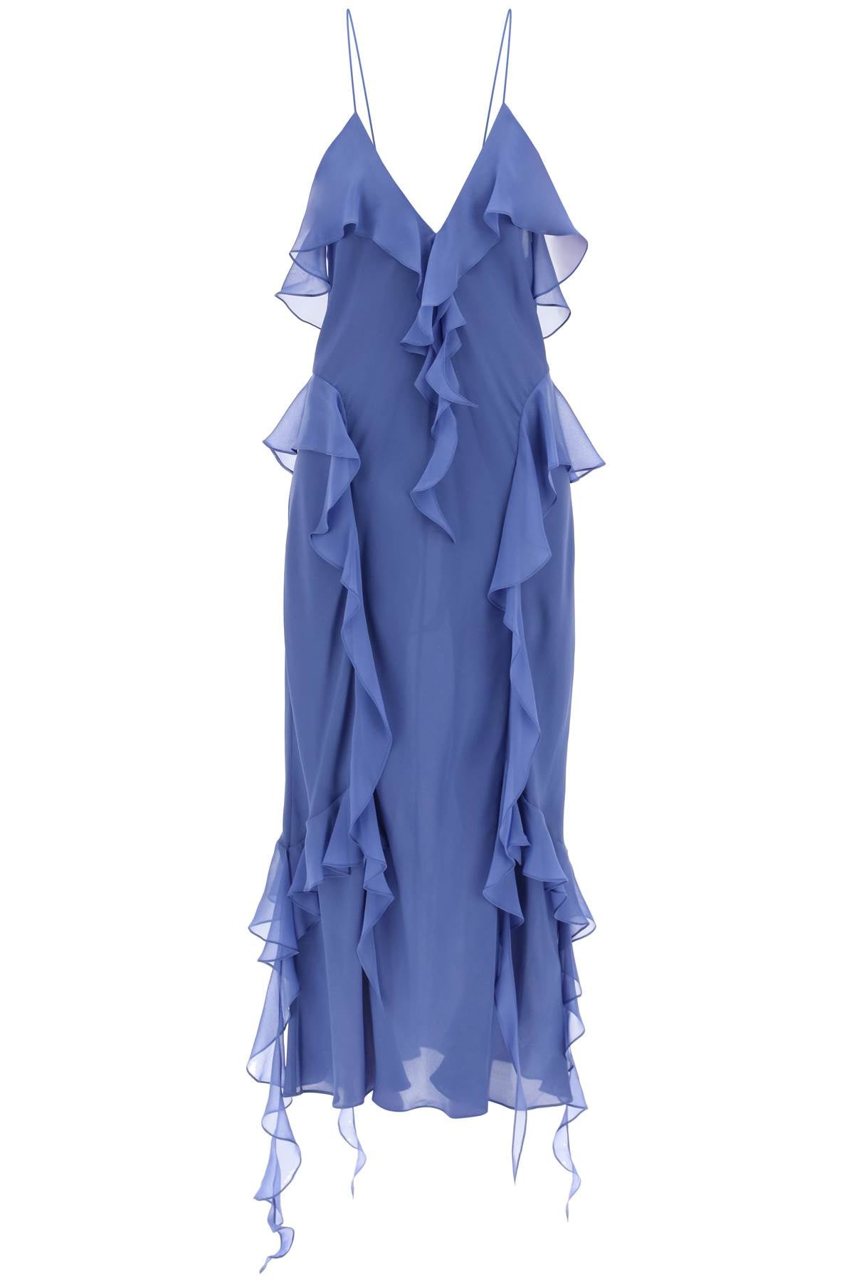 فستان ماكسي من الحرير الجورجيت الأزرق بريبي المزين بالطيات للنساء