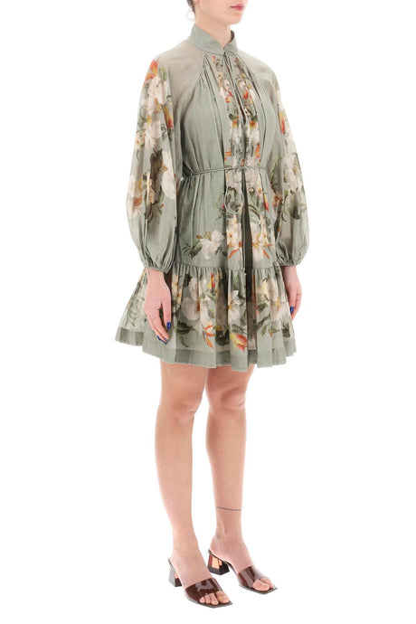 Floral Mini Dress with Voluminous Billow Sleeves and Tiered Hem