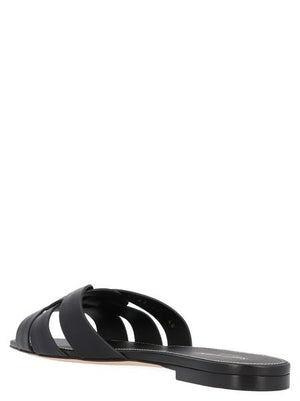 SAINT LAURENT Criss-Cross Strap Black Calfskin Sandals with Square Toe and Leather Sole