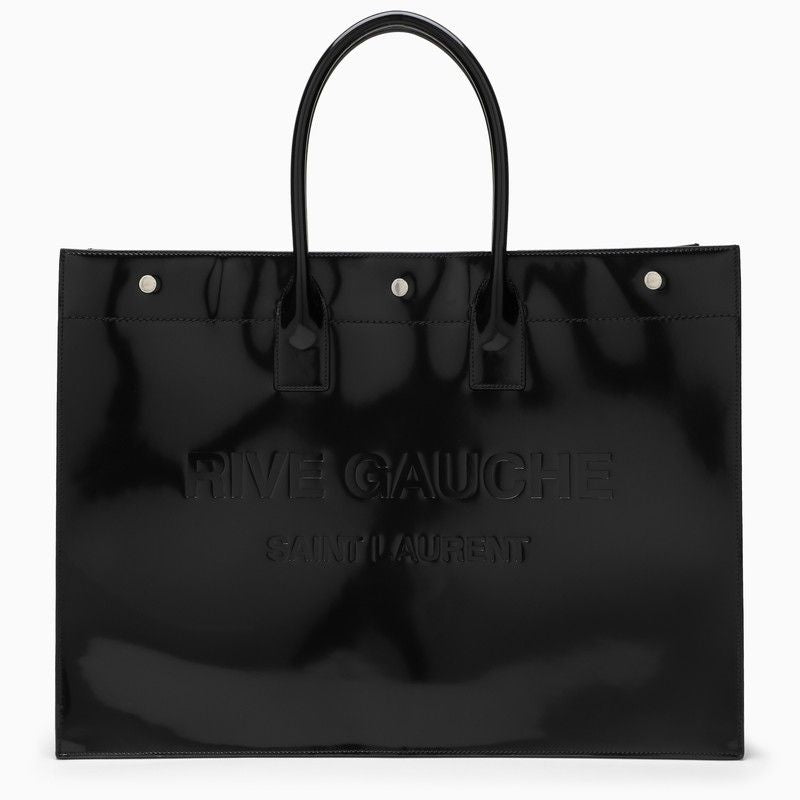 SAINT LAURENT Large Black Patent Leather Men's Tote with Rive Gauche Motif