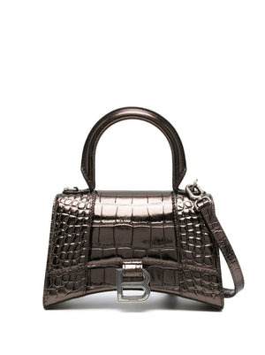 BALENCIAGA Bronze-Tone Croc-Embossed Mini Leather Tote with Monogram Plaque and Detachable Strap