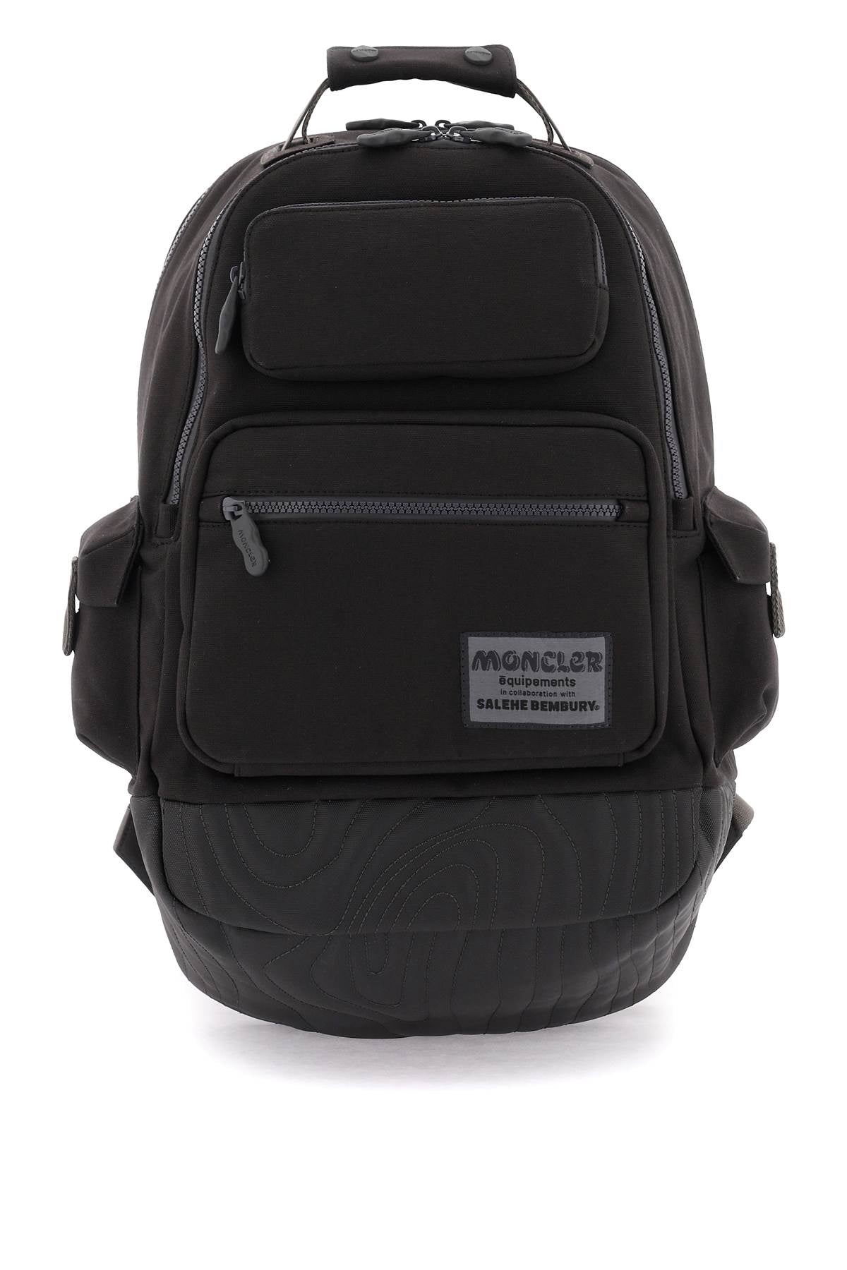 MONCLER GENIUS Black Canvas Backpack for Men with Front Zipped Pockets and Stitched Logo Patch