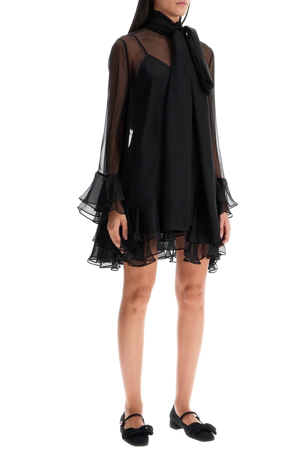 VALENTINO Semi-Transparent Black Silk Mini Dress with High Collar and Bow