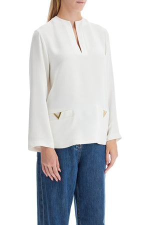 VALENTINO GARAVANI Chic Crepe Blouse with Kaftan Neckline and Gold Detailing