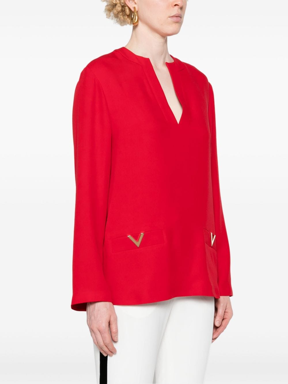 VALENTINO Elegant Rose Red Silk V-Neck Blouse with Logo Plaque