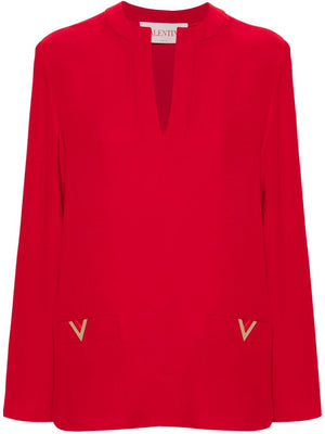 VALENTINO Elegant Rose Red Silk V-Neck Blouse with Logo Plaque