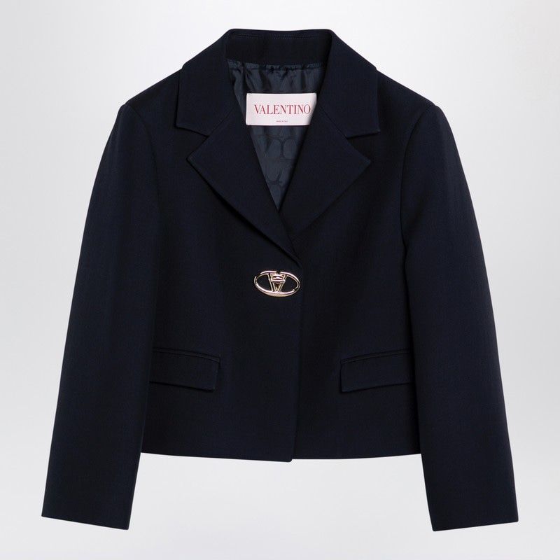 VALENTINO Navy Blue Wool Cropped Jacket with Golden V-Logo Detail