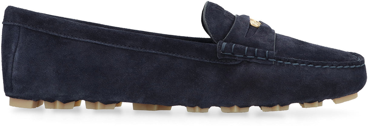 MIU MIU Navy Suede Loafers with Embossed Front Logo and Round Toeline for Women