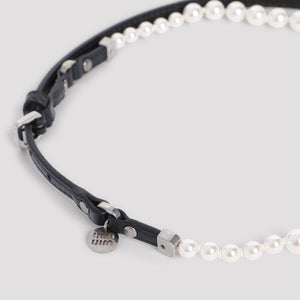 MIU MIU Chic Black Leather Necklace with White Beads