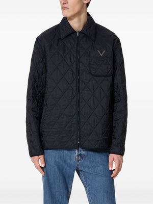 VALENTINO Navy Blue Quilted Zip-Up Jacket with Logo Detail