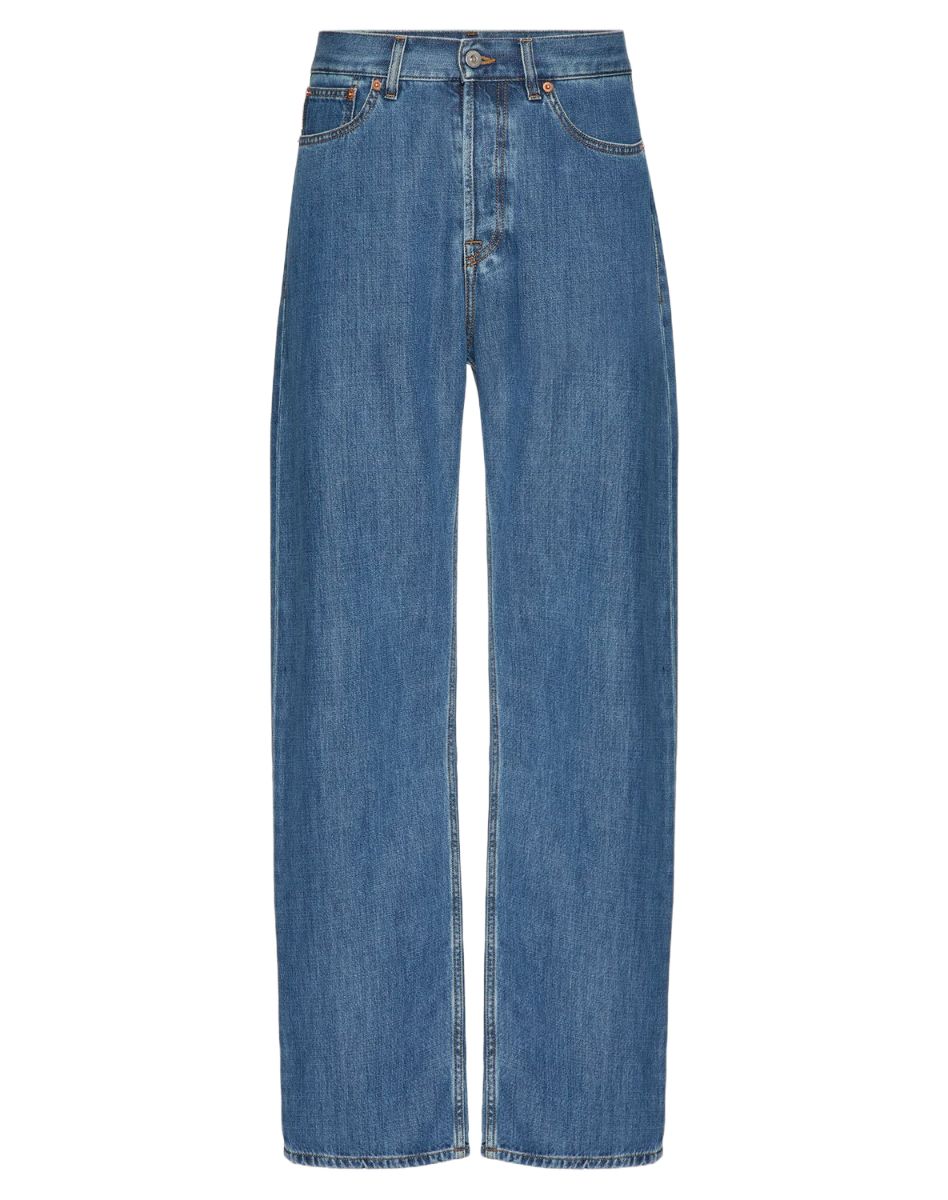 VALENTINO GARAVANI Baggy Fit Denim Jeans with Leather Patch