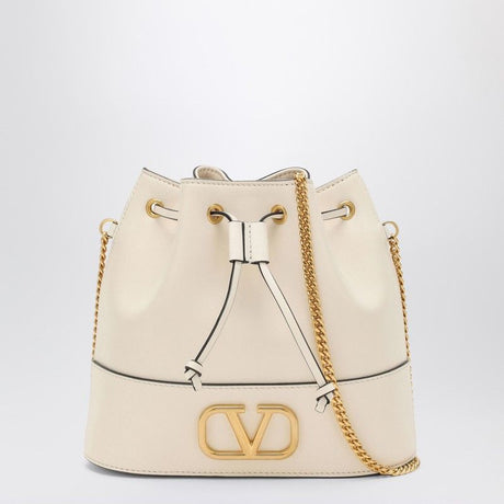 VALENTINO GARAVANI Ivory Leather Bucket Handbag with Metallic Logo Detail