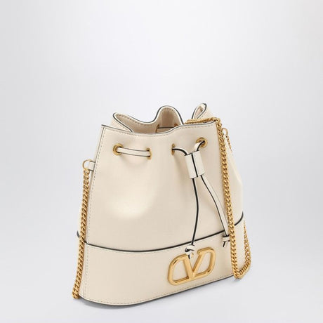 VALENTINO GARAVANI Ivory Leather Bucket Handbag with Metallic Logo Detail