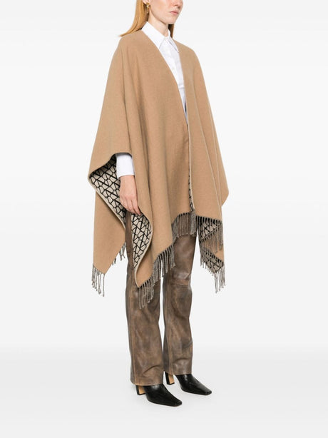 VALENTINO Elegant Camel Brown Wool-Silk Poncho
