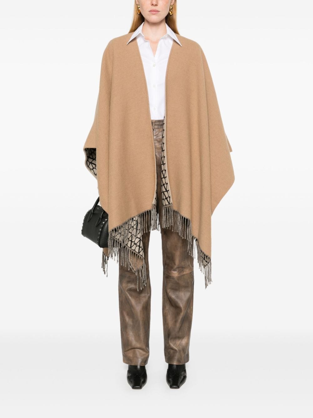 VALENTINO Elegant Camel Brown Wool-Silk Poncho