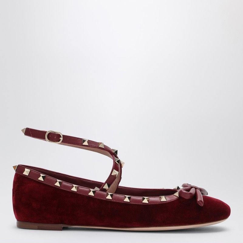 VALENTINO GARAVANI Cherry Velvet Rockstud Ballerina Flats