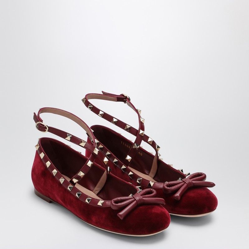 VALENTINO GARAVANI Cherry Velvet Rockstud Ballerina Flats