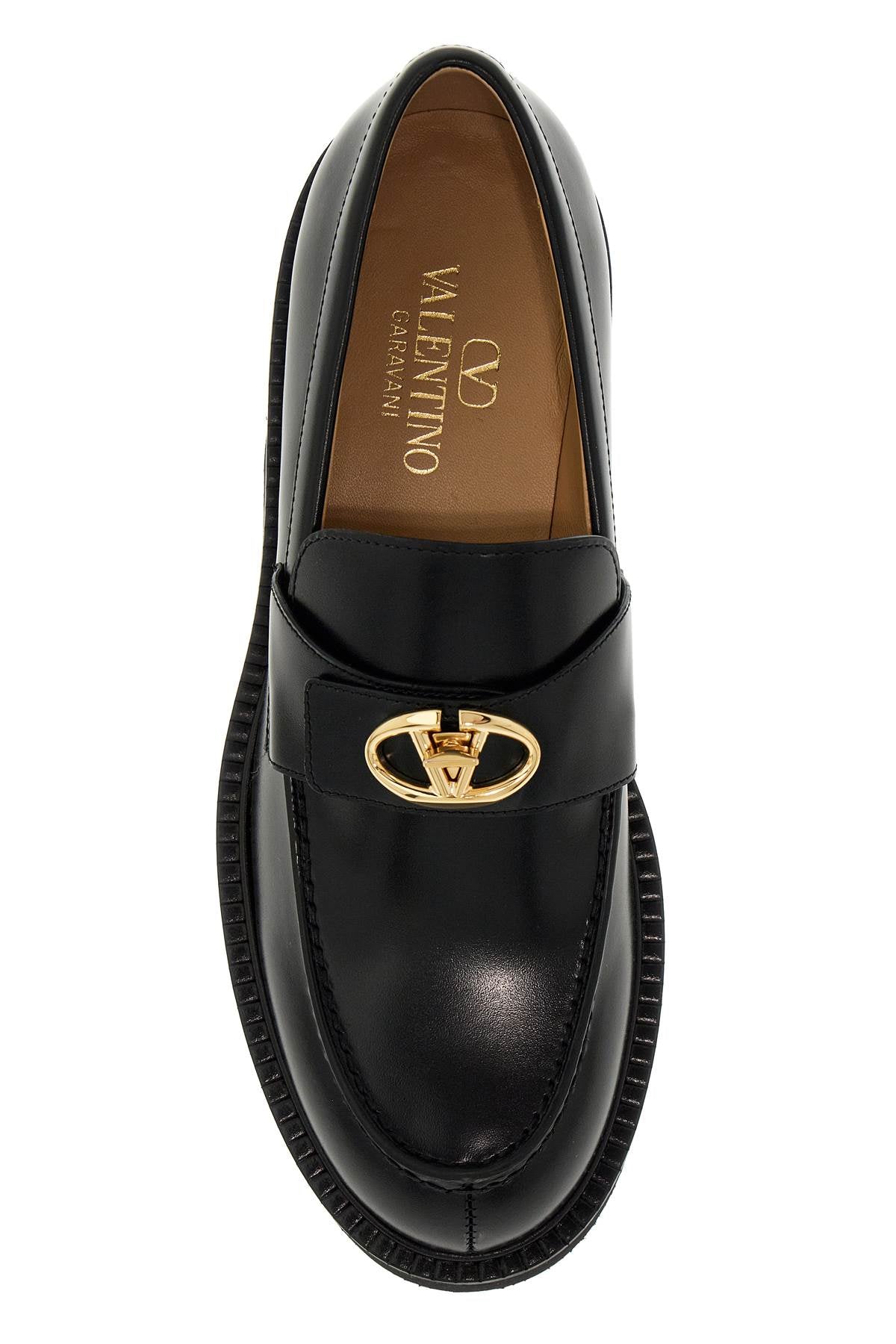 VALENTINO Elegant Black Moccasins with Golden Logo Buckle