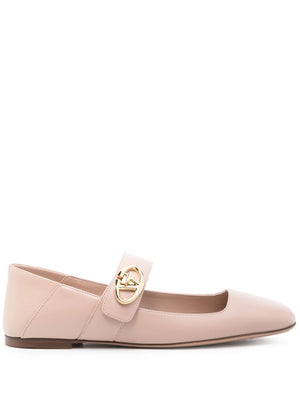 VALENTINO GARAVANI Chic Powder Pink Leather Ballet Flats with Gold-Tone VLOGO