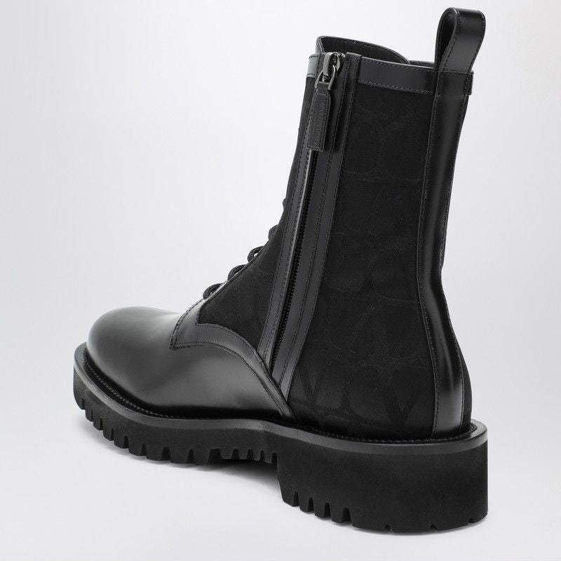 VALENTINO GARAVANI Iconic Black Combat Boots in Technical Fabric and Calfskin