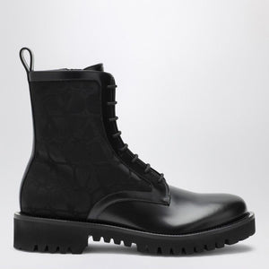 VALENTINO GARAVANI Iconic Black Combat Boots in Technical Fabric and Calfskin