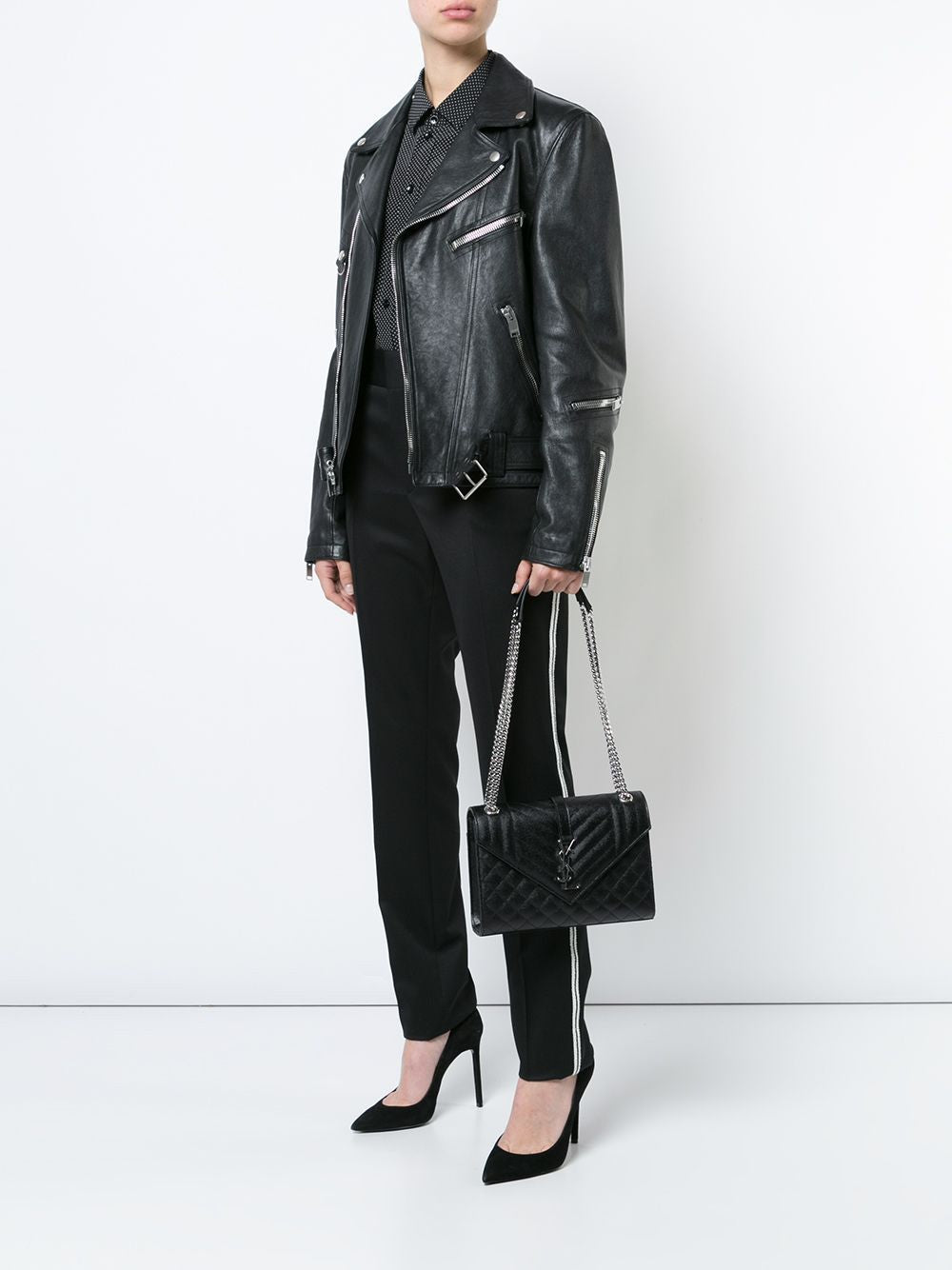 SAINT LAURENT Black Leather Envelope Shoulder Handbag for Women - SS24