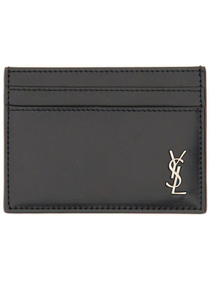 SAINT LAURENT Mini Leather Card Holder with Metal Logo