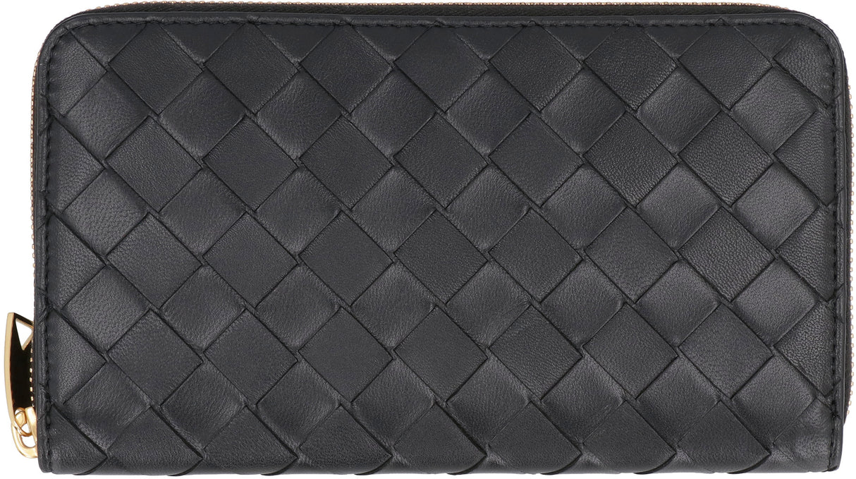 BOTTEGA VENETA Black Leather Zip-Around Wallet for Women