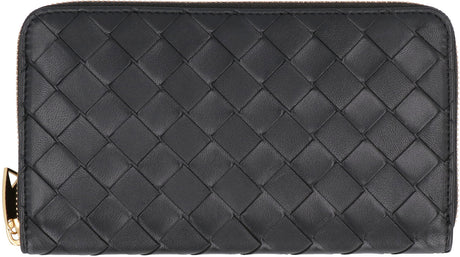Black Leather Zip-Around Wallet for Women